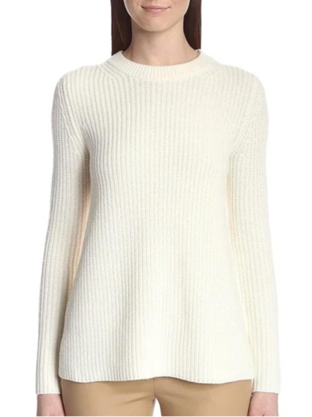 THEORY Ivory Ribbed Crewneck Wool and Cashmere Flared Sweater
